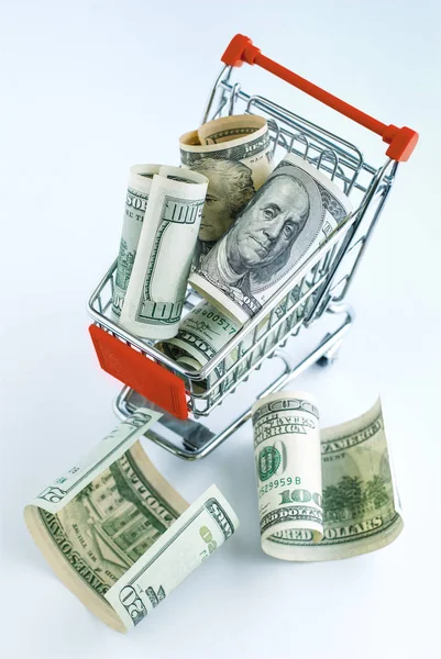 Dollars in a supermarket cart — Stock Photo, Image