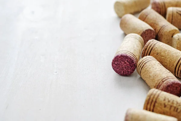 Set Used Wine Bottle Corks Viewed Closeup White Table Surface — Stock Photo, Image