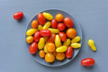 Organik taze sarı ve kırmızı domates gri tabakta gri masaya yukarıdan izlendi. Küçük domates Homegrown hasat