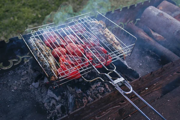 Barbecue Vlees Paprika Voorbereiden Rookvrije Grill Bekeken Close Van Hoge — Stockfoto