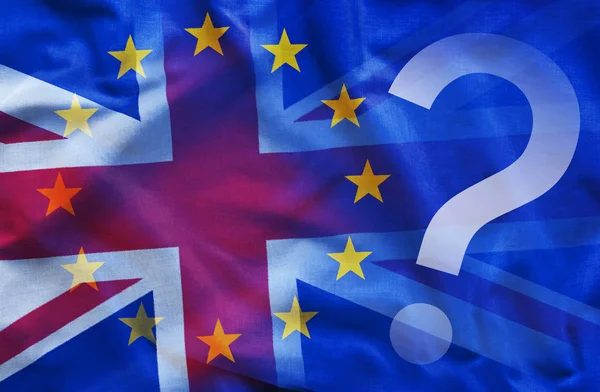 White question mark near overlapped flags of European union and Great Britain