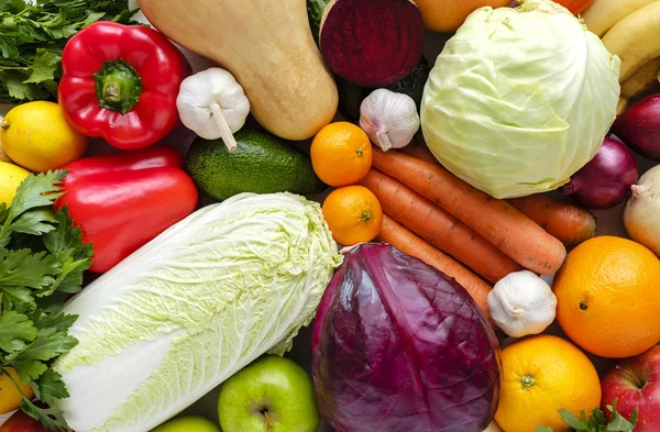 Top View Pile Various Vegetables Fruits Full Frame Healthy Organic — Stock Photo, Image