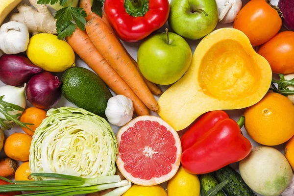 Composition Variety Fresh Organic Vegetables Fruits Whole Cut Viewed Full — Stock Photo, Image