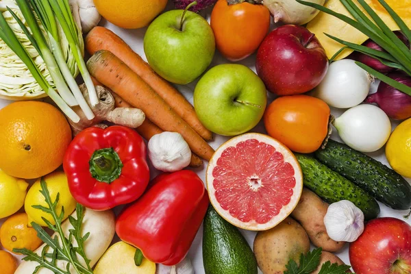 Concepto Fondo Alimentos Orgánicos Con Pila Verduras Frescas Frutas Mezcladas — Foto de Stock