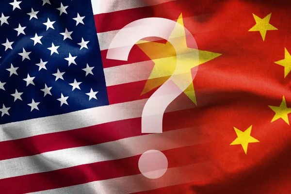 Composite of the Chinese and American national flags with a question mark conceptual of uncertainty in politics and negotiations