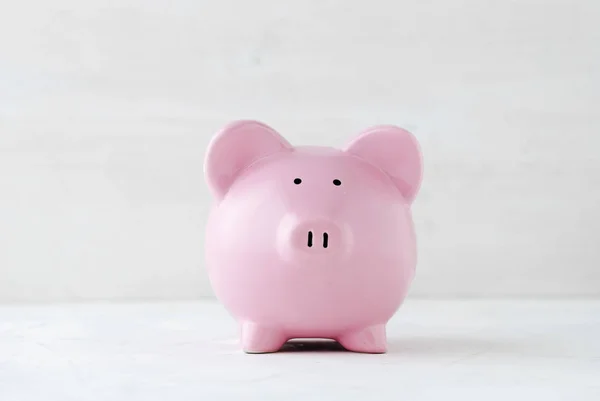 Pink Ceramic Piggy Bank Light White Background Facing Camera Lateral — Stock Photo, Image