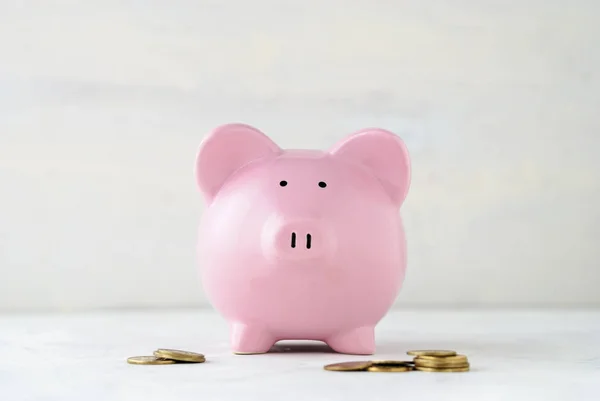 Piggy Bank Rosa Com Moedas Dinheiro Soltas Sobre Fundo Neutro — Fotografia de Stock