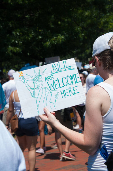 WASHINGTON JUNE 30:  Participants in the Families Belong Together rally, a protest against President Trumps separation of immigrant children from their parents, on June 30, 2018 in Washington DC