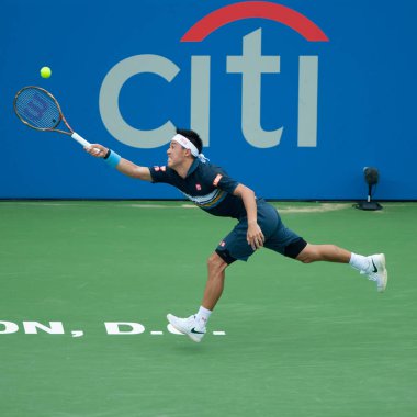 Kei Nishikori (Jpn) 3 Ağustos 2018 yılında Washington Dc Citi açık tenis turnuvası Alexander Zverev (Ger) düşüyor