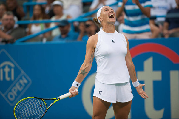 Svetlana Kuznetsova (RUS) reacts to defeating Donna Vekic (CRO) in the finals of the Citi Open tennis tournament on August 5, 2018 in Washington DC