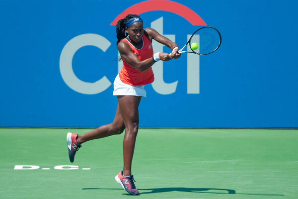 Coco Gauff (USA) in the qualifying rounds of the Citi Open tennis tournament on July 27, 2019 in Washington DC