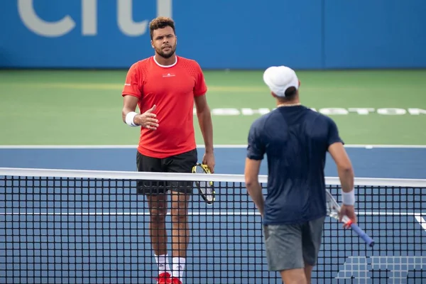 Wilfried Tsonga Fra Stringe Mano Brayden Schnur Can Dopo Vittoria — Foto Stock