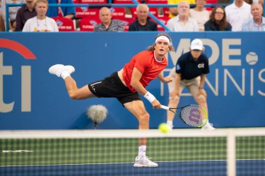 Nick Kyrgios (Aus) Stefanos Tsitsipas (Gre) ile Washington'da Citi Open tenis turnuvasında yaptığı çiftler maçı sırasında, Dc Temmuz'da 29, 2019