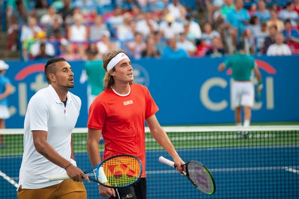 Nick Kyrgios Aus Stefanos Tsitsipas Gre Durante Loro Partita Doppio — Foto Stock