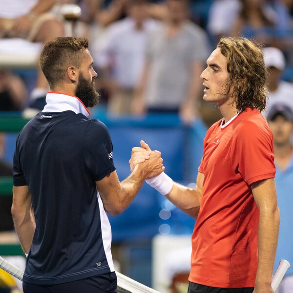 Stefanos Tsitsipas (GRE) and Benoit Paire (FRA) at the Citi Open tennis tournament on August 2, 2019 in Washington DC
