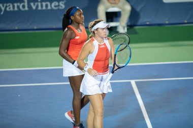 Amerikalılar Coco Gauff ve Caty Mcnally 2 Ağustos 2019'da Washington Dc'de düzenlenen Citi Open tenis turnuvasında çiftlerde oynuyorlar.