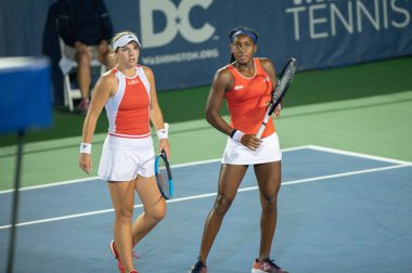 Amerikalılar Coco Gauff ve Caty Mcnally 2 Ağustos 2019'da Washington Dc'de düzenlenen Citi Open tenis turnuvasında çiftlerde oynuyorlar.