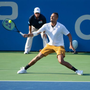 Nick Kyrgios (Aus), 4 Ağustos 2019'da Washington Dc'de düzenlenen Citi Open tenis turnuvasında daniil Medvedev'i (Rus, resimde yok) yendi.