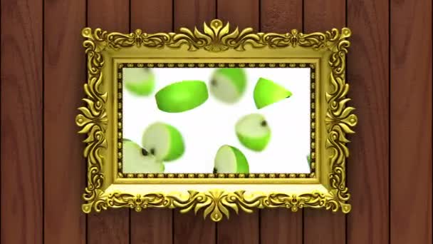 Altın çerçeve içinde meyve — Stok video