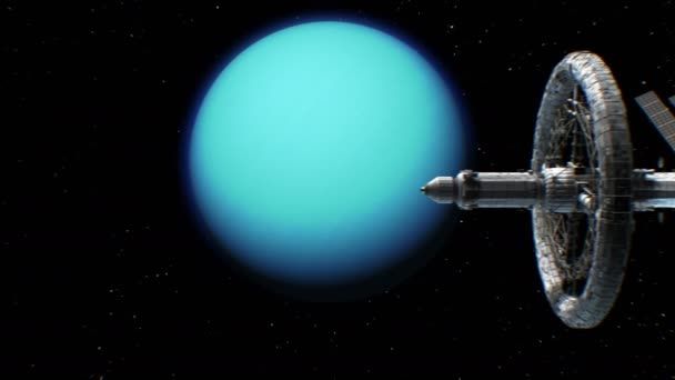 Interplanetares Science-Fiction-Raumschiff auf Uranus-Hintergrund — Stockvideo