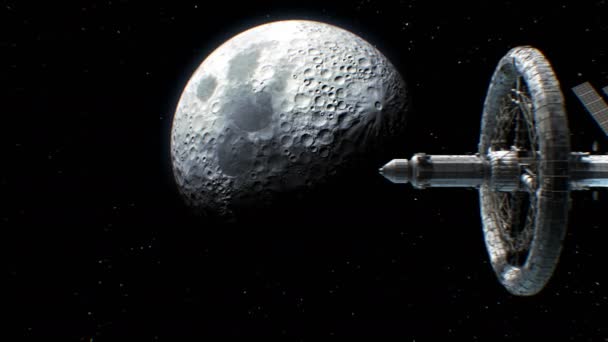 Sci-Fi διαπλανητικό διαστημόπλοιο σε φόντο φεγγάρι — Αρχείο Βίντεο