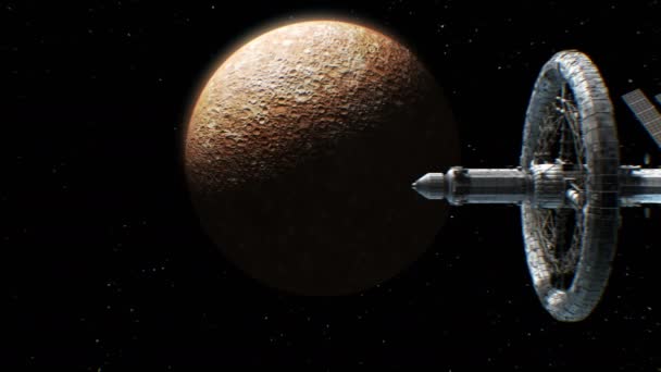 Nave espacial interplanetária de ficção científica sobre fundo Mercúrio — Vídeo de Stock