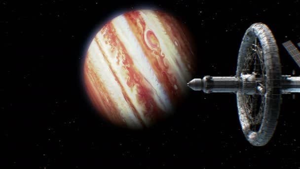 Sci-Fi interplanetära rymdskepp på Jupiter bakgrund — Stockvideo