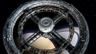 Dev bilim-kurgu torus. Dairesel uzay istasyonu Satürn arka planda, 3d animasyon döndürün. Doku gezegen grafik editörü fotoğraf ve diğer görüntüleri olmadan oluşturuldu.
