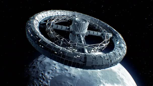 Riesiger Science-Fiction-Torus auf Mond-Hintergrund — Stockvideo