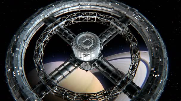 Obří Sci Torus Kruhový Prostor Stanice Otočit Saturn Pozadí Animaci — Stock video