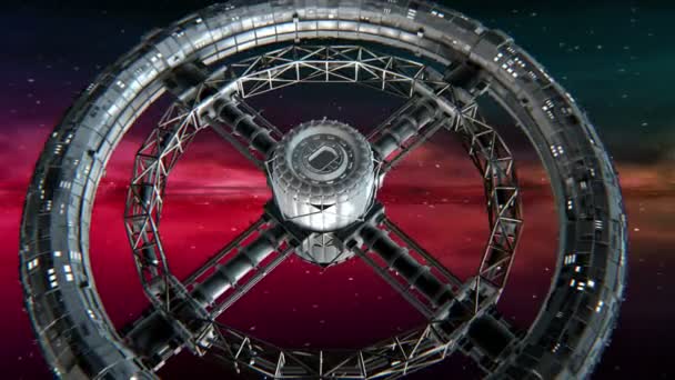 Circular space station on Nebula background — Stock Video
