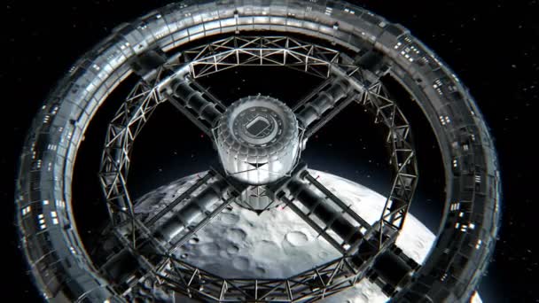 Station spatiale circulaire sur fond de lune — Video