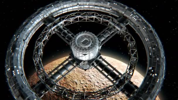 Kör alakú űrállomás a higany háttér — Stock videók