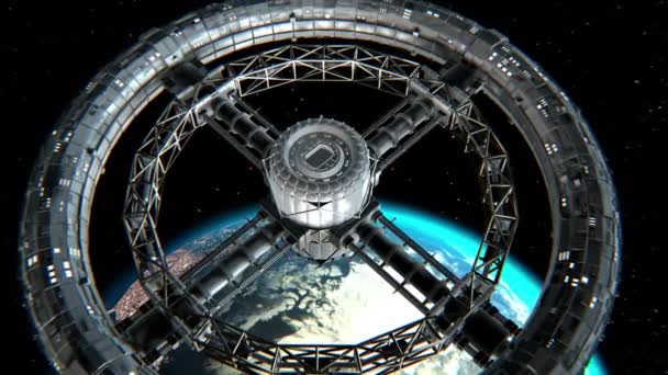 Giant sci-fi torus. Circular space station rotate on Earth background, 3d animation. Texture of the Planet was created in graphic editor without photos. Pattern of city lights furnished by NASA.