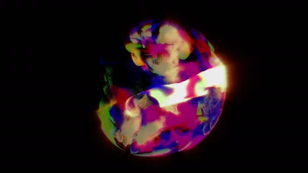 Leuchtende Ströme Farbiger Teilchen Form Einer Kugel Auf Schwarzem Hintergrund — Stockvideo