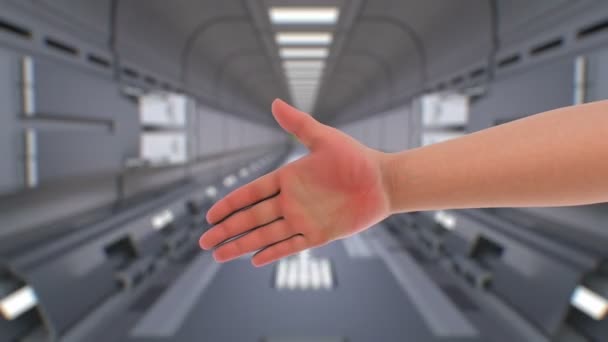 Handshake s robotem na průmyslové pozadí — Stock video