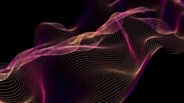 Elegant, wavy surface made of fine gradient lines, flowing from purple to orange on a black background. Looping animation.