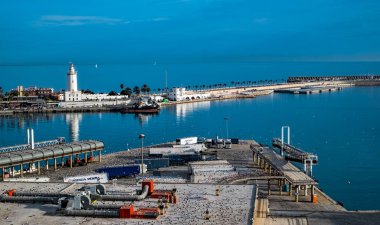 Malaga, İspanya - 25 Kasım 2017. Liman, Malaga bağlantı noktası, Costa del sol, İspanya uçan martılar.