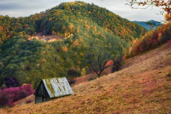 Una vieja cabaña en otoño paisaje de montaña en infrarrojos — Foto de Stock