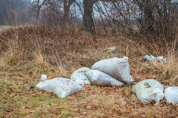 Heaps of garbage bags thrown out in the woods — Stock Photo, Image
