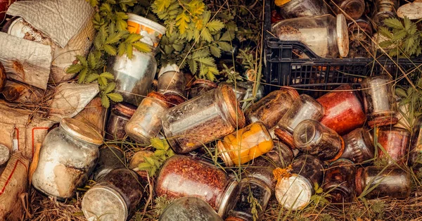 Frascos de várias latas poluindo a natureza — Fotografia de Stock