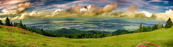 Panorama Sobre Ciudad Sibiu Tomada 1300 Altura Rumania Pico Magura —  Fotos de Stock