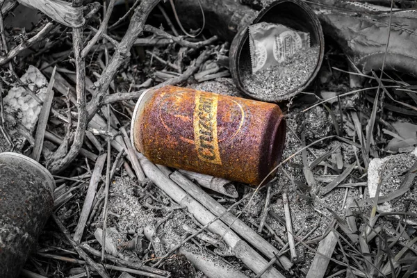 Una caja de cerveza oxidada Cruzcampo en el bosque —  Fotos de Stock