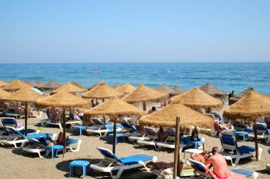 Mediterr kıyısında palmiye ağaçları ile plajda insanlar