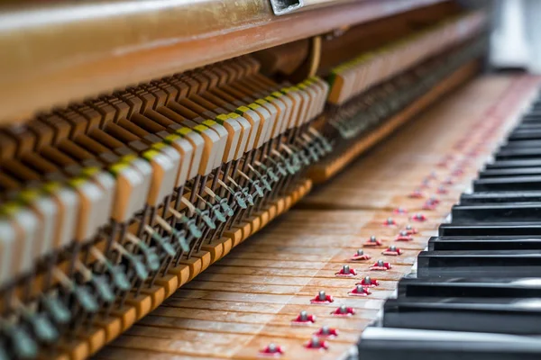 Details im Inneren des Klaviers mit Keyboards und Klaviersaiten — Stockfoto