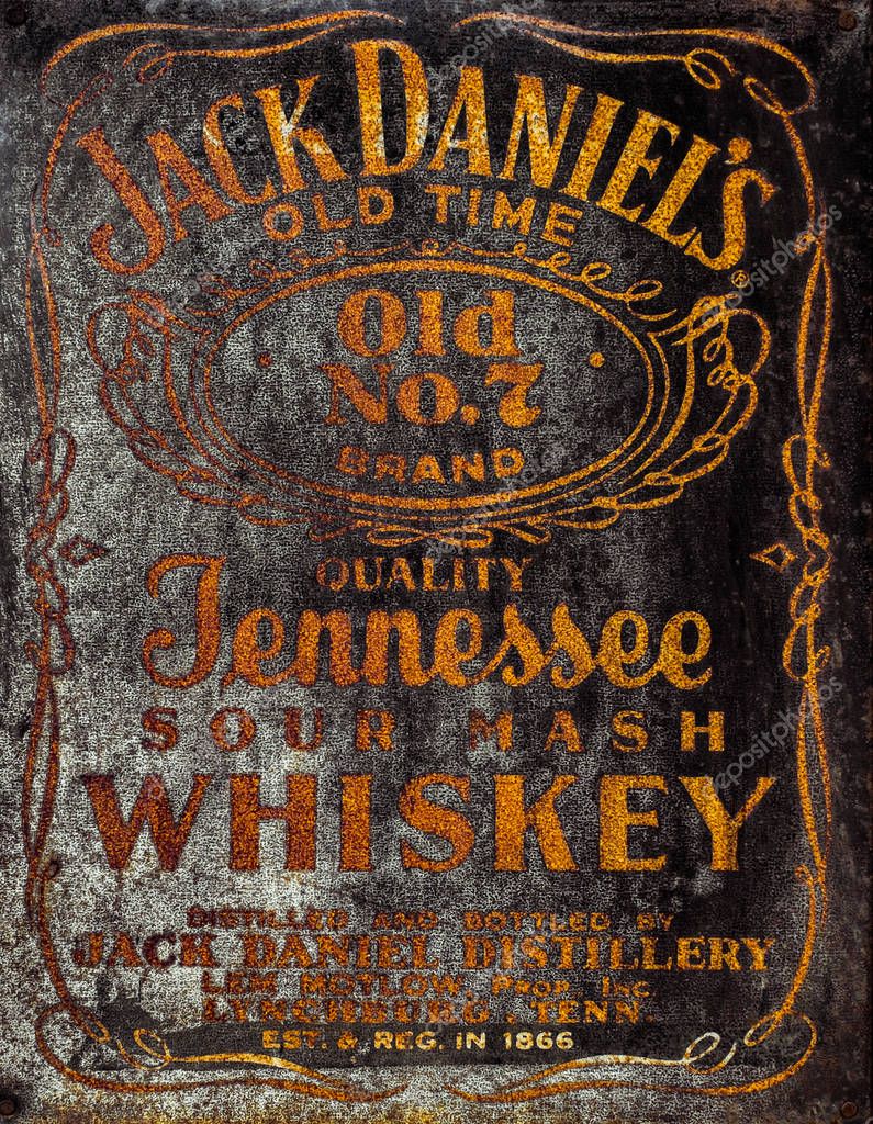 Valletta Malta, July 17 2019. old rusty plate with Kack Daniels logo on wall in Valletta city, Malta