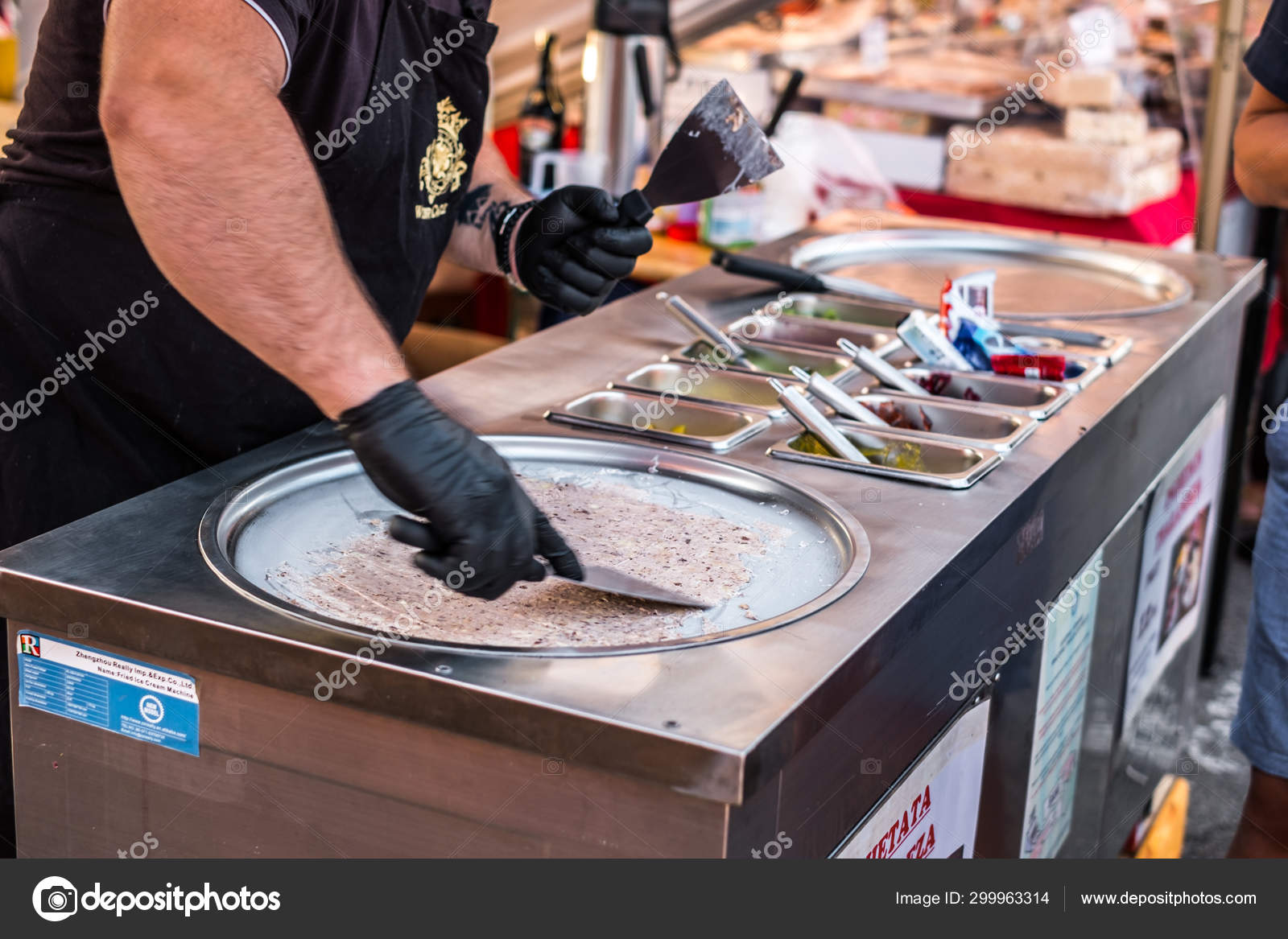 Preparation Thailand Sweet Street Food Ice Cream Rolls At Freeze
