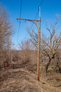 Romanya 'nın Sibiu kentindeki orman yakınlarındaki eski bir tramvaydan eski tahta direklerle elektrik kabloları