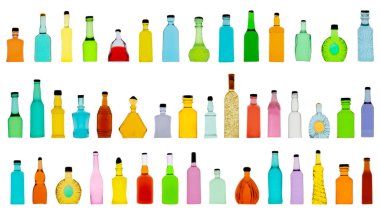 Colorful glass bottles in various shapes displayed against a transparent background for creative design purposes