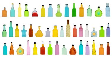 Colorful glass bottles in various shapes displayed against a transparent background for creative design purposes